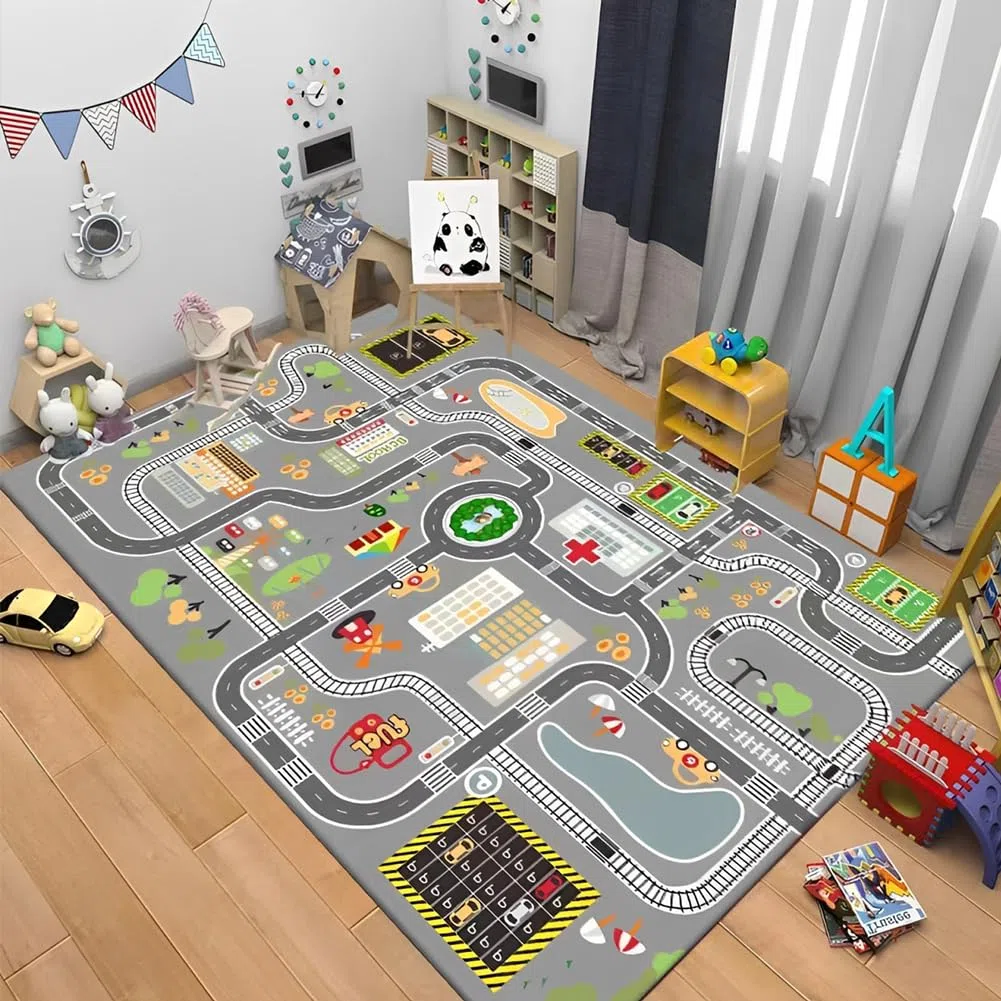 Alfombra de Calles de la Ciudad Alfombra Rectangular Antideslizante Alfombras Suave y Acogedora Alfombras de Terciopelo de Cristal para Decoración y el Juego en Habitación de los Niños