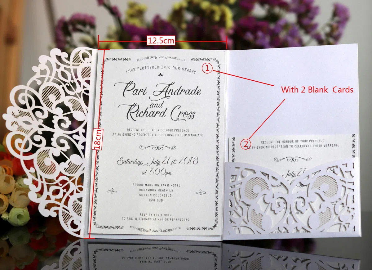 10pcs Tarjeta de invitación de Boda, Invitaciones de Boda, Hollow Floral Design, con 2 Tarjetas en Blanco, Blanco