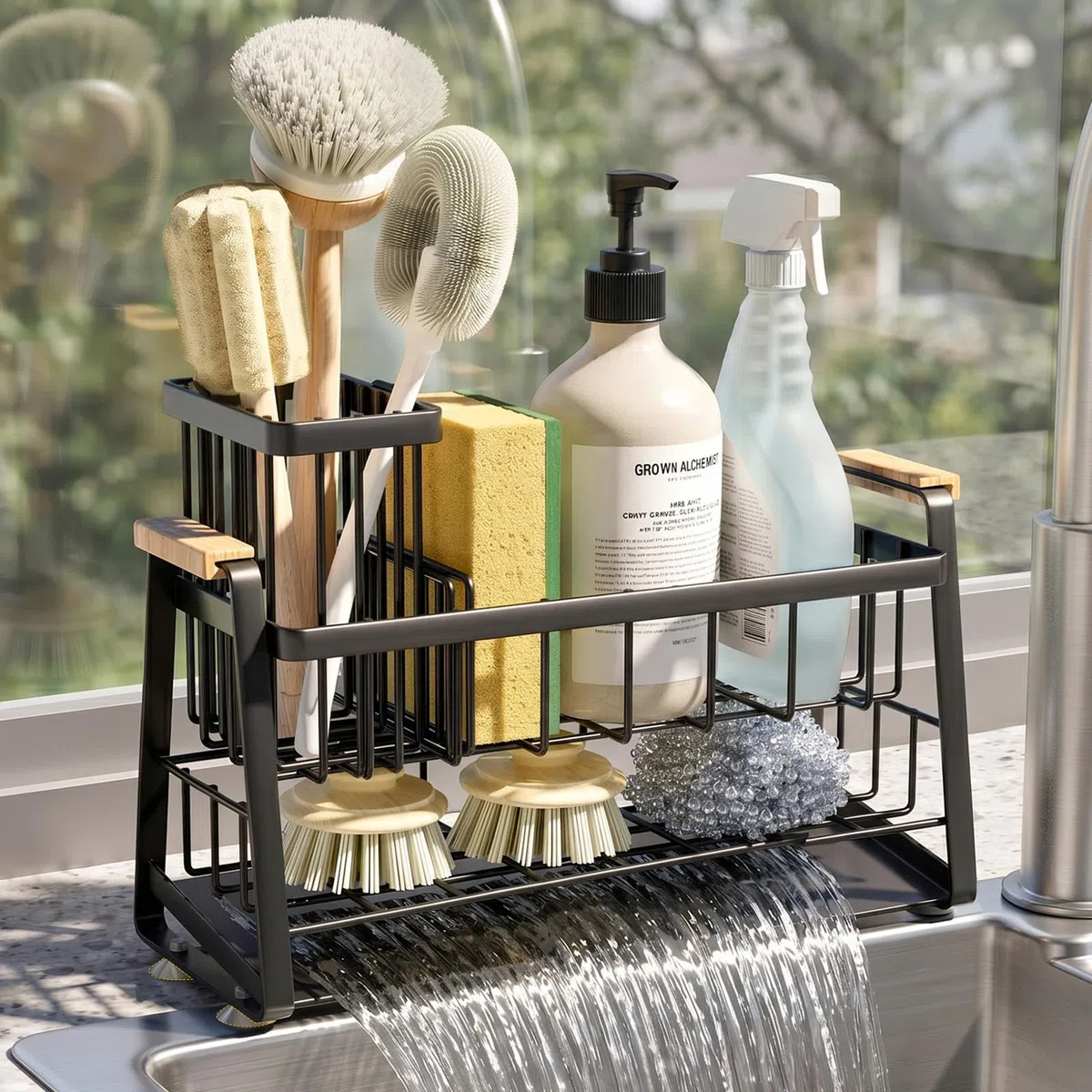 Housolution Portaesponjas para Fregadero de Cocina, Organizador de Fregadero 2 Niveles con Portacepillos, Accesorios de Almacenaje para Encimera de Cocina, Organizador Dispensador de Jabón, Inoxidable