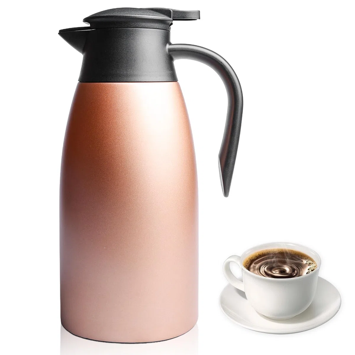 Jarra térmica de 2 L, termo para cafetera, acero inoxidable con asa y boquilla, aislamiento al vacío, jarra aislante de doble pared, para oficina y hogar (oro rosa)