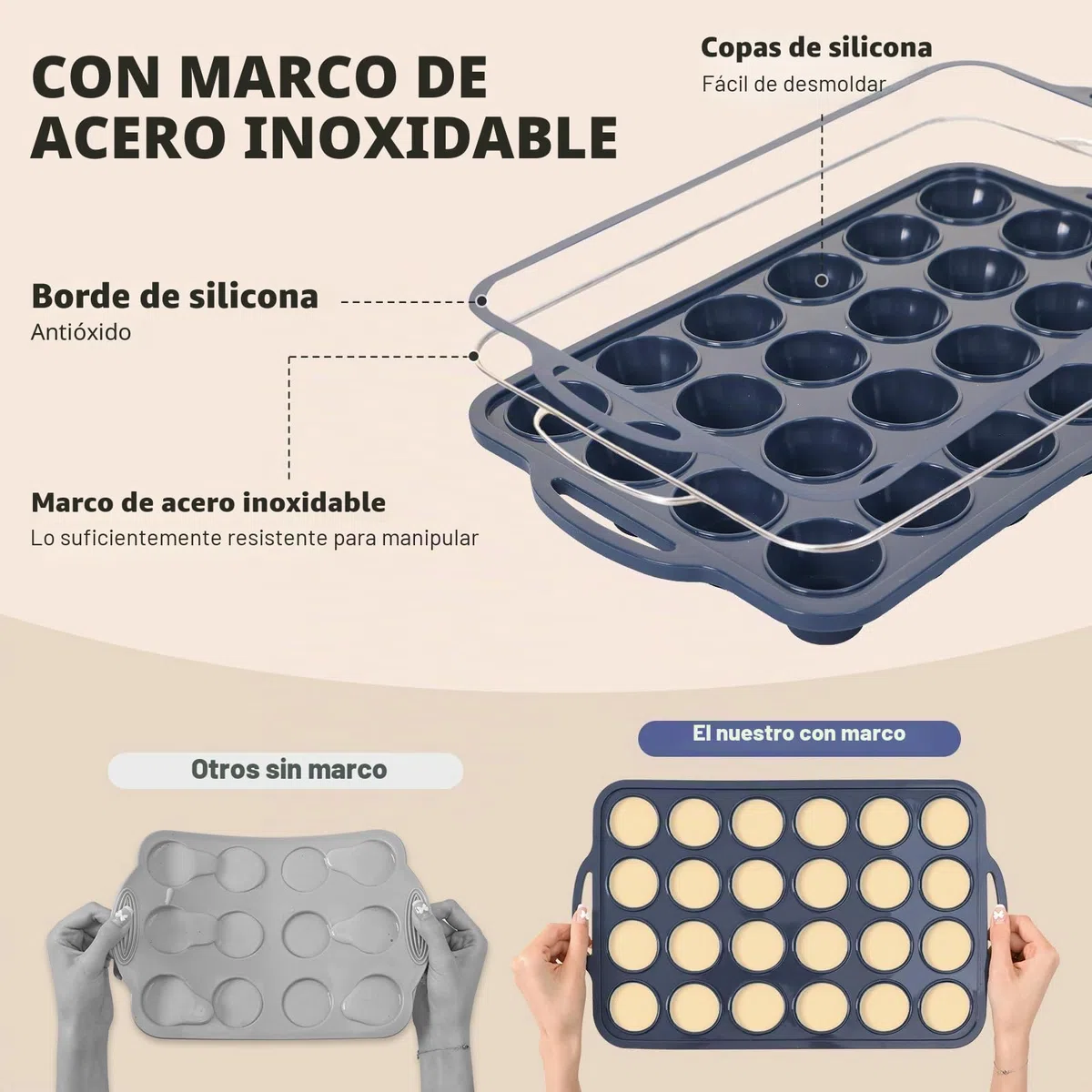 SUPER KITCHEN Pack 2 Moldes Magdalenas 24 Huecos, Silicona con Asas, Estructura Metálica Estable, Fácil Limpieza, Libre de BPA, Cupcake, Brownie, Gris