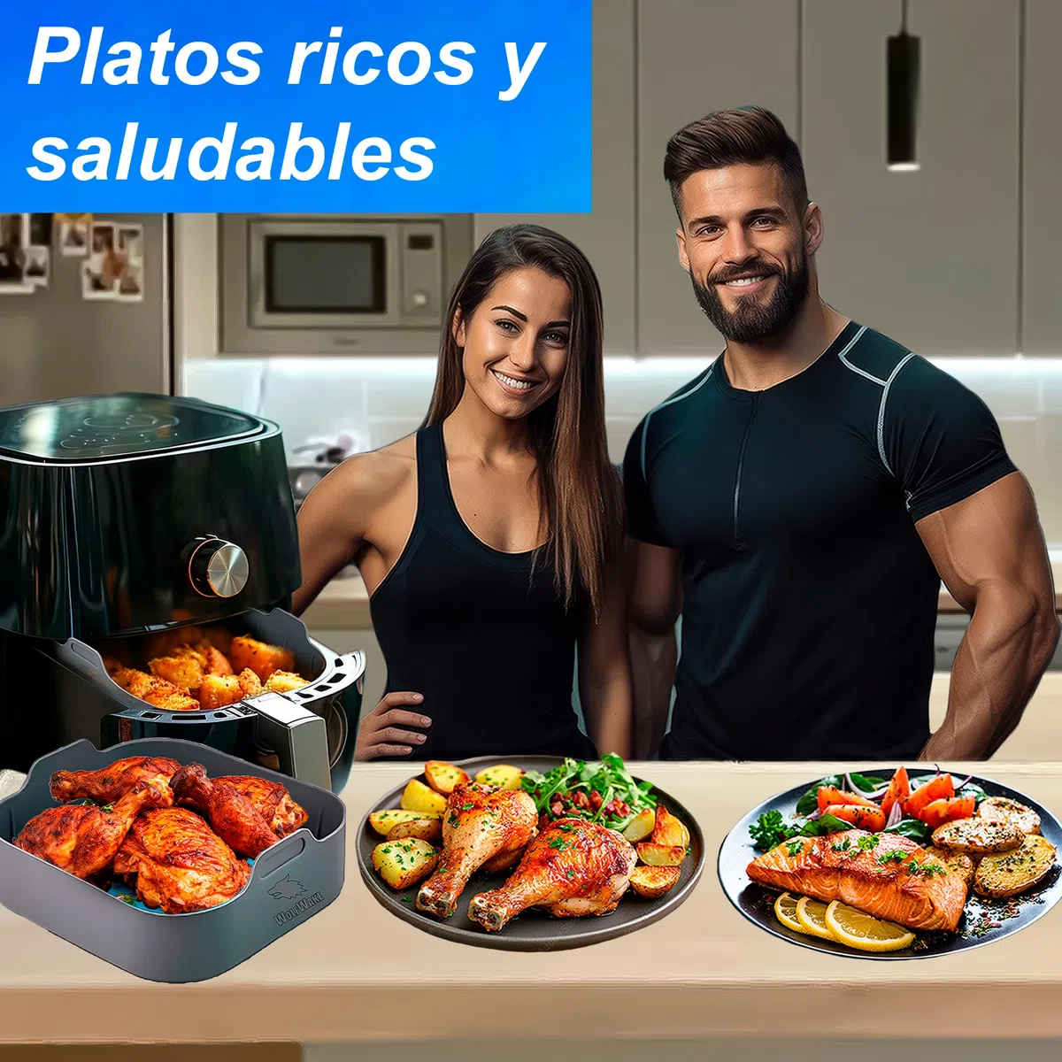 20CM Molde Silicona Freidora de Aire con Alfombrilla Perforada - Accesorios Air Fryer compatible Cecotec 5/5.5/6L, Cosori 4.7/5/5.5/6/6.2L, Moulinex 5L, Philips 6.2L, Horno y Microondas