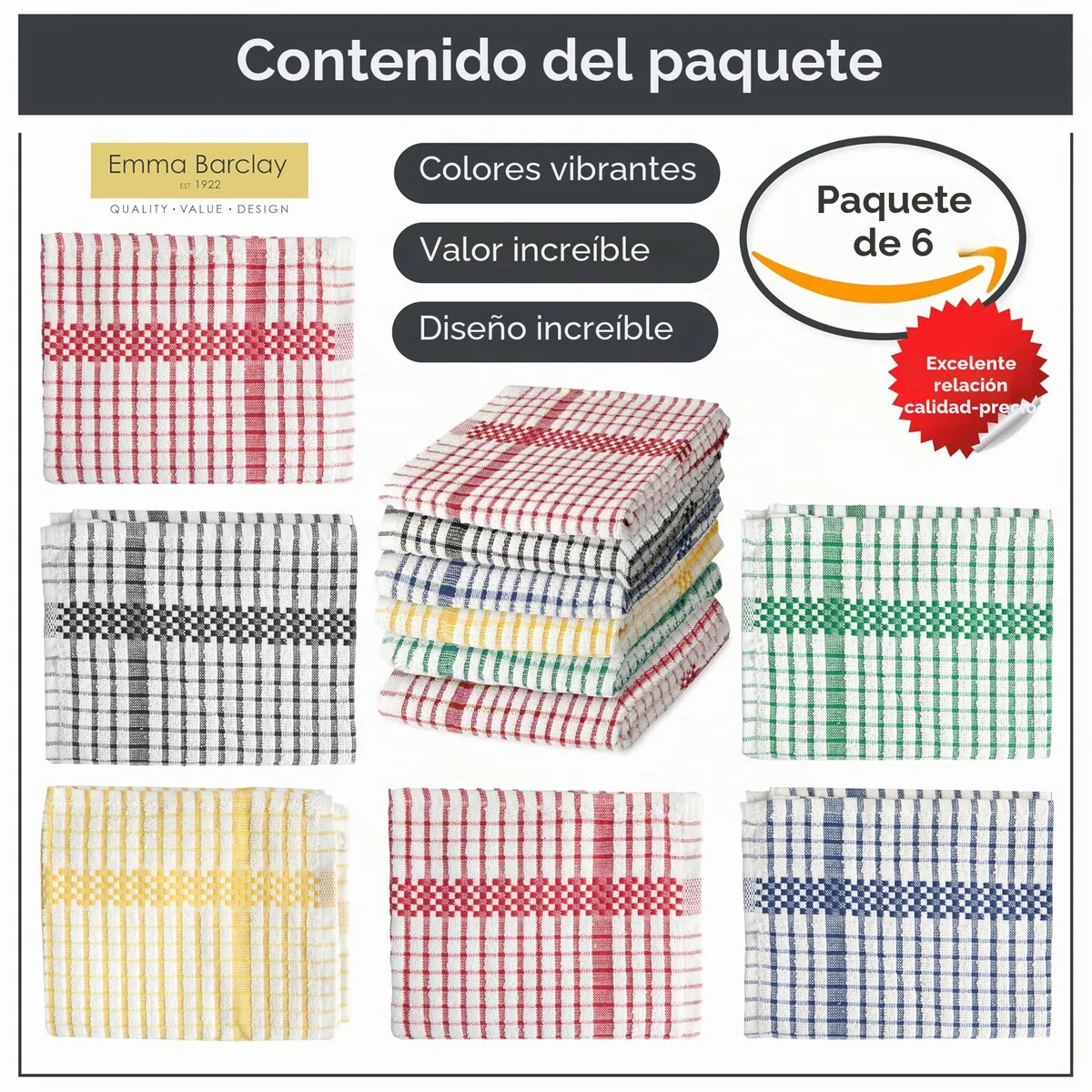Emma Barclay Paños de Cocina de Rizo 100% algodón, Multicolor, Cocina, hogar, Esenciales, diseño de Cuadros Superdry, Paquete de 6
