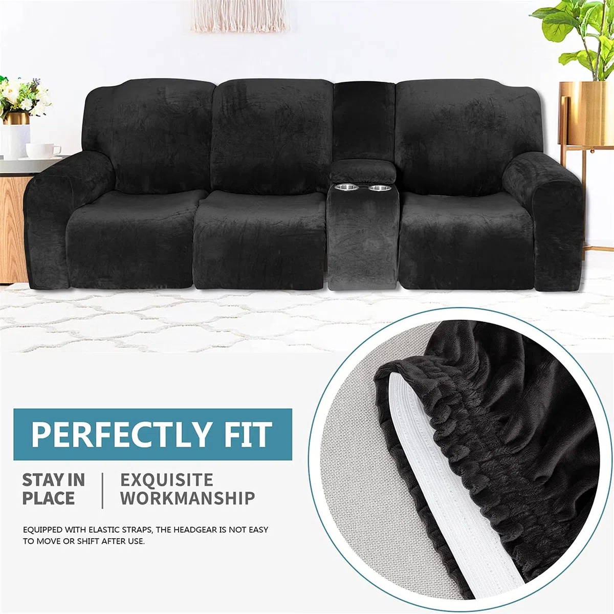 Funda reclinable elástica de Terciopelo con Consola - Tela Lavable Suave y Gruesa - Color Arena de 2 a 3 plazas - ¡Proteja su sofá reclinable con Esta Funda reclinable Premium contra el Desgaste Dia