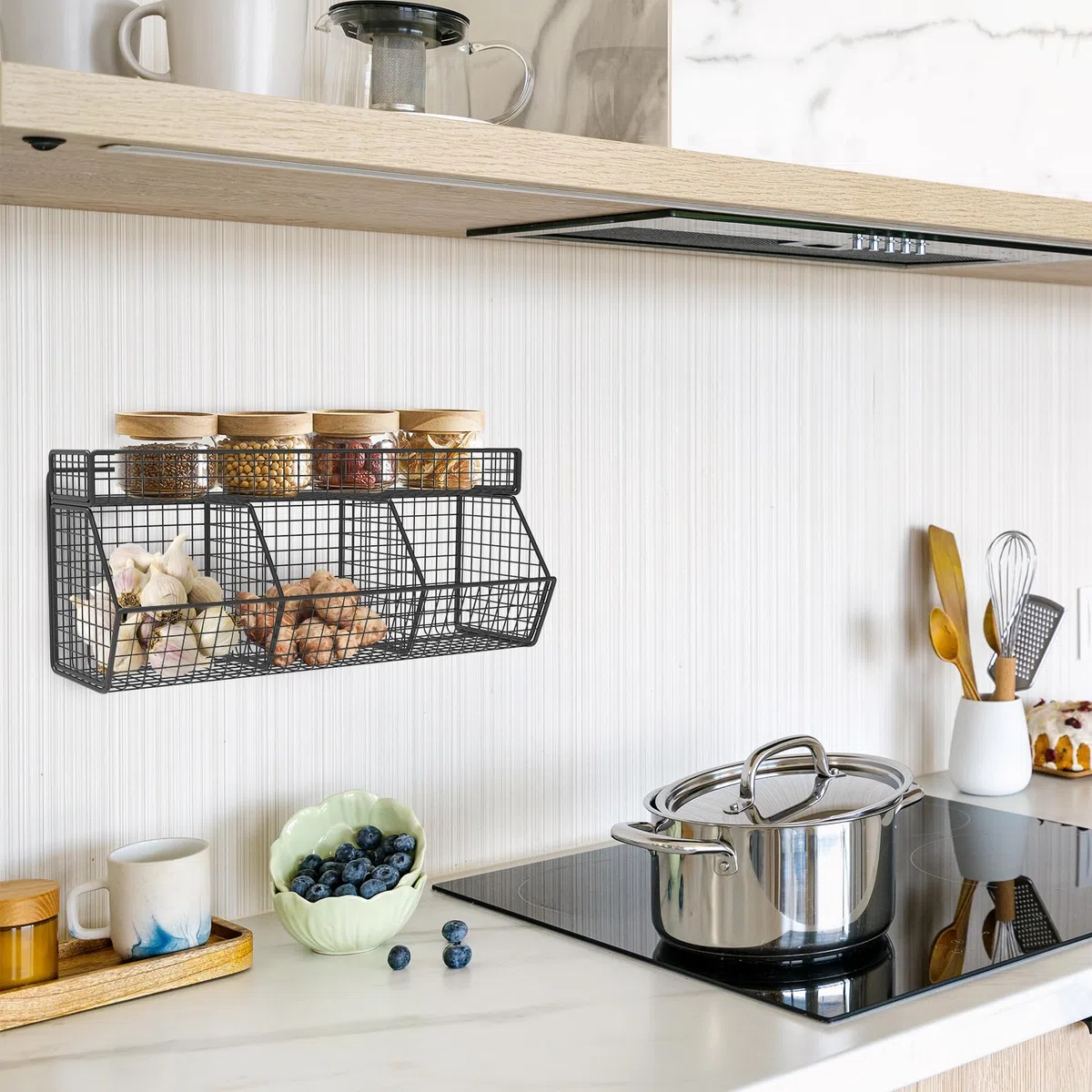 Cestas de almacenamiento de cocina colgantes para pared, cesta de frutas colgante, estante de encimera de cocina de 3 rejillas, cestas de almacenamiento montadas en la pared para verduras