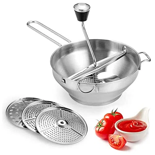 Dispositivo de Paso Molinillo de Alimentos de 20 Cm con 3 Discos Perforados Intercambiables Molinillo de Paso de Acero Inoxidable para Salsa de Tomate, puré de Manzana, Purés,
