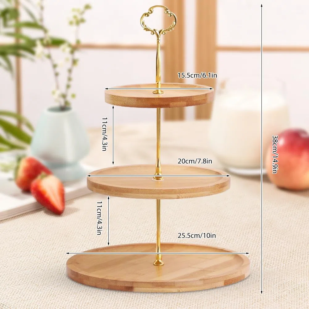 Soporte Para Tartas de Madera, 3 Niveles, Soporte Tarta, Soporte Redondo para Postres, Frutas y Tartas, con Mango de Metal, para Fiestas de Cumpleaños, Bodas, Té de la Tarde
