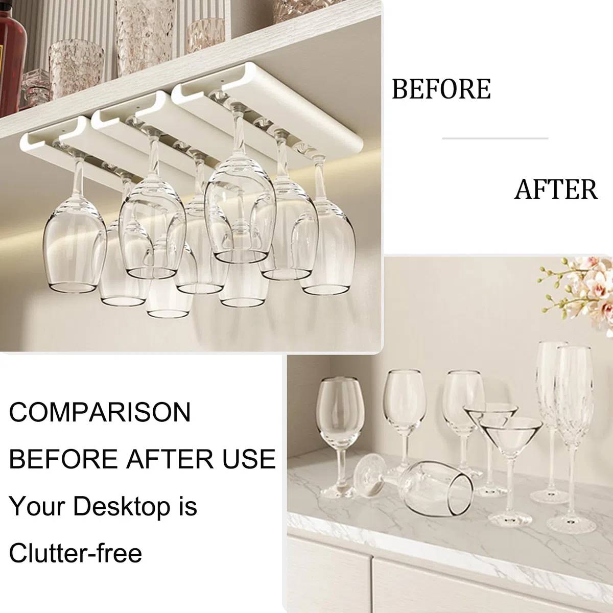 4 Piezas Soporte para Copas de Vino Colgante Colgador Copas Sin Taladrar Estante Copas Vino Debajo Gabinete Estante para Colgar Copas Cuelga Copas para Bar Cocina Restaurante (Blanco)