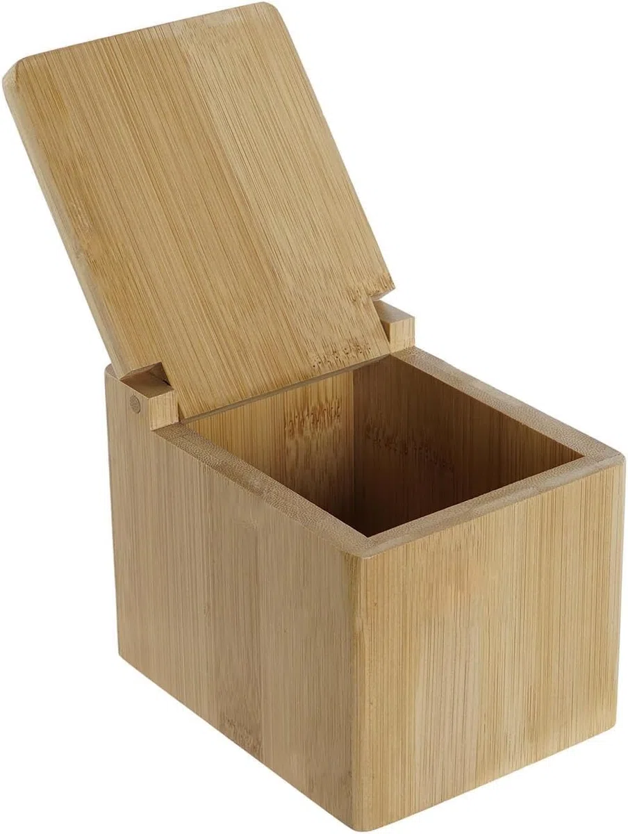 RusticHome Salero para Cocina Bambú Con Tapadera Abatible/Salero con Tapadera de Bambú/Cuenco para La Sal y Sal Gorda/Tarro Para La Hecho de 10CM X 13CM X 10CM Natural