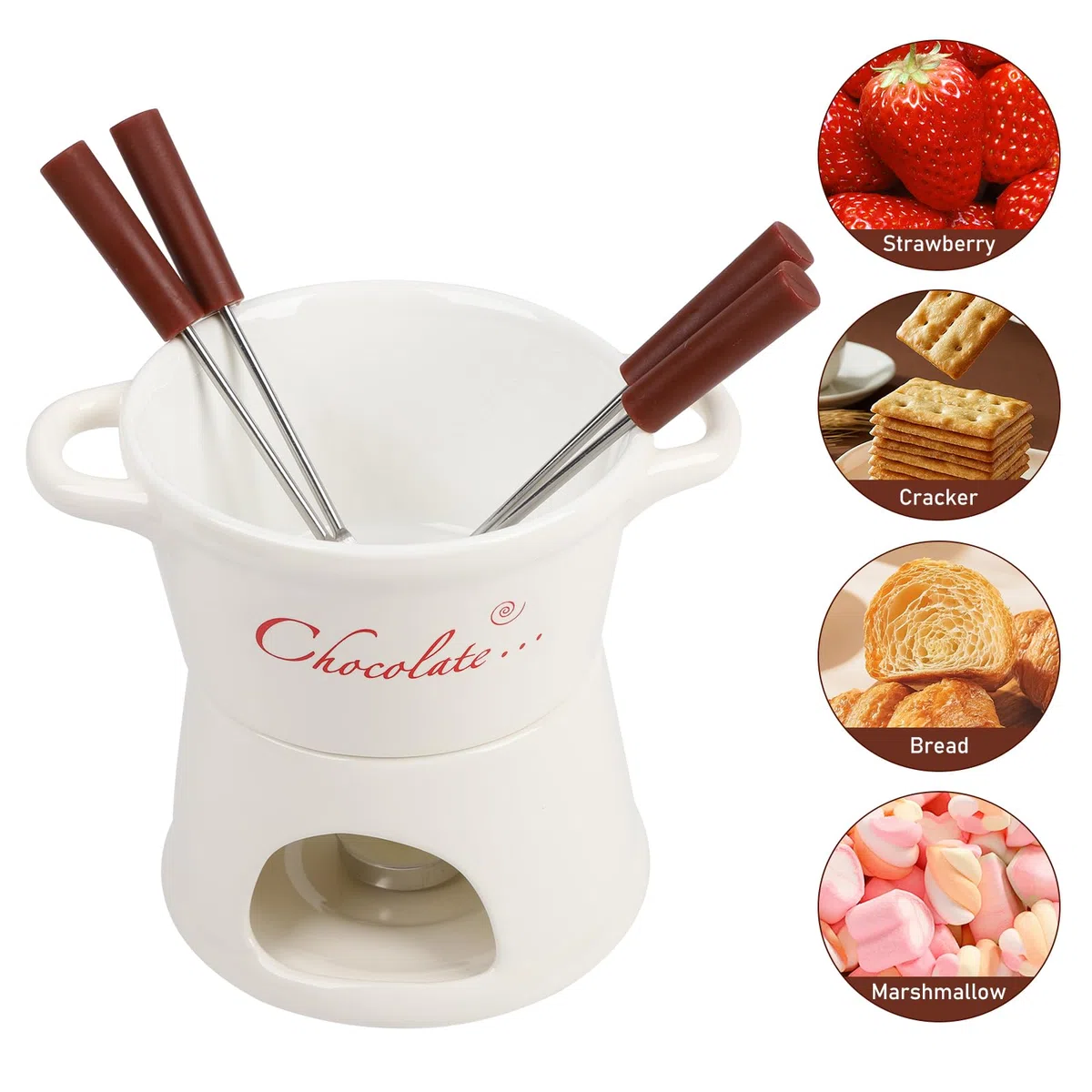 BigKing Crisol para chocolate y queso de 300 ml, juego de fondue de chocolate de cerámica con 4 tenedores y 4 velas de té, extraíble, mini taza para fondue para casa, restaurante y café