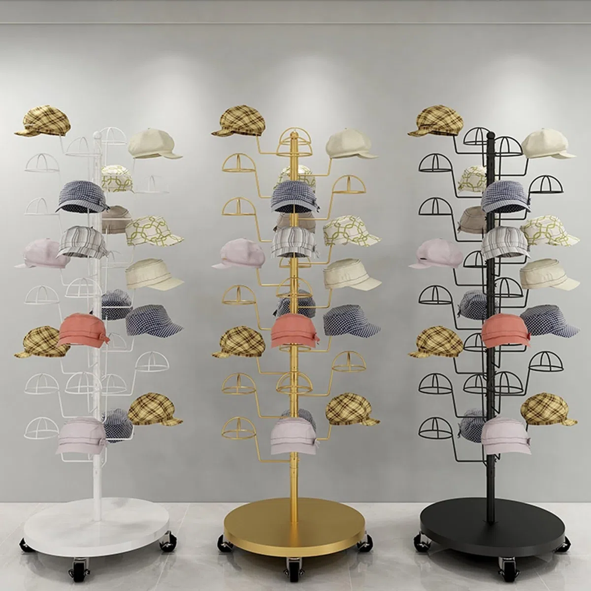 Expositor de Sombreros de Metal Ajustable con 4 Ruedas giratorias, Soporte de Suelo Giratorio para Gorras, Pelucas y Cascos, con Capacidad para 10-35 Sombreros (Negro, con 10 Sopor