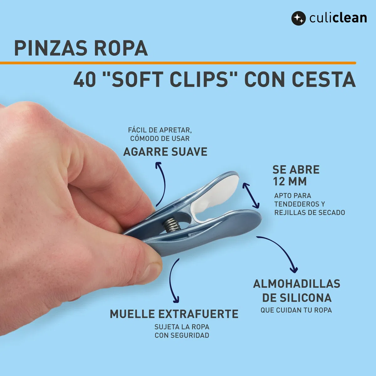culiclean 40 Pinzas con Cesta para Tender Ropa Que No Dejan Marca Cesta Pinzas Ropa Tender – Plástico Resistente y BPA-Free – Fabricado en Francia – Soft Clip, Negro-Blanco, Blanco-Negro, Cesta Negro