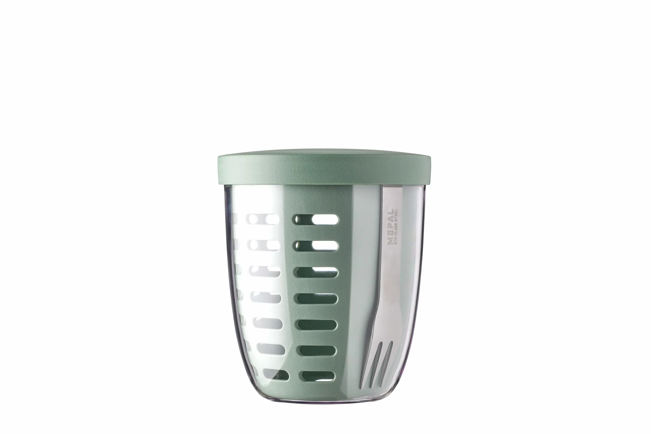 Mepal - Envase de fruta y verdura Ellipse - Recipiente para frutas - Ideal para frutas y verduras sobre la marcha - Tupper Fruta - Frutero con tenedor y escurridor - 600 ml - Nordic Sage