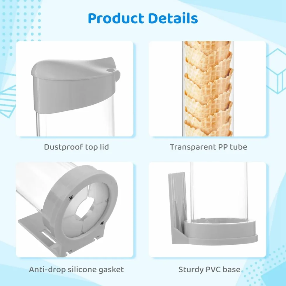 Dispensador de Conos de Helado, Soporte para Conos de Waffle, Tubo de Plástico para Almacenar Conos de Waffle con Placa Magnética y Placa Adhesiva.