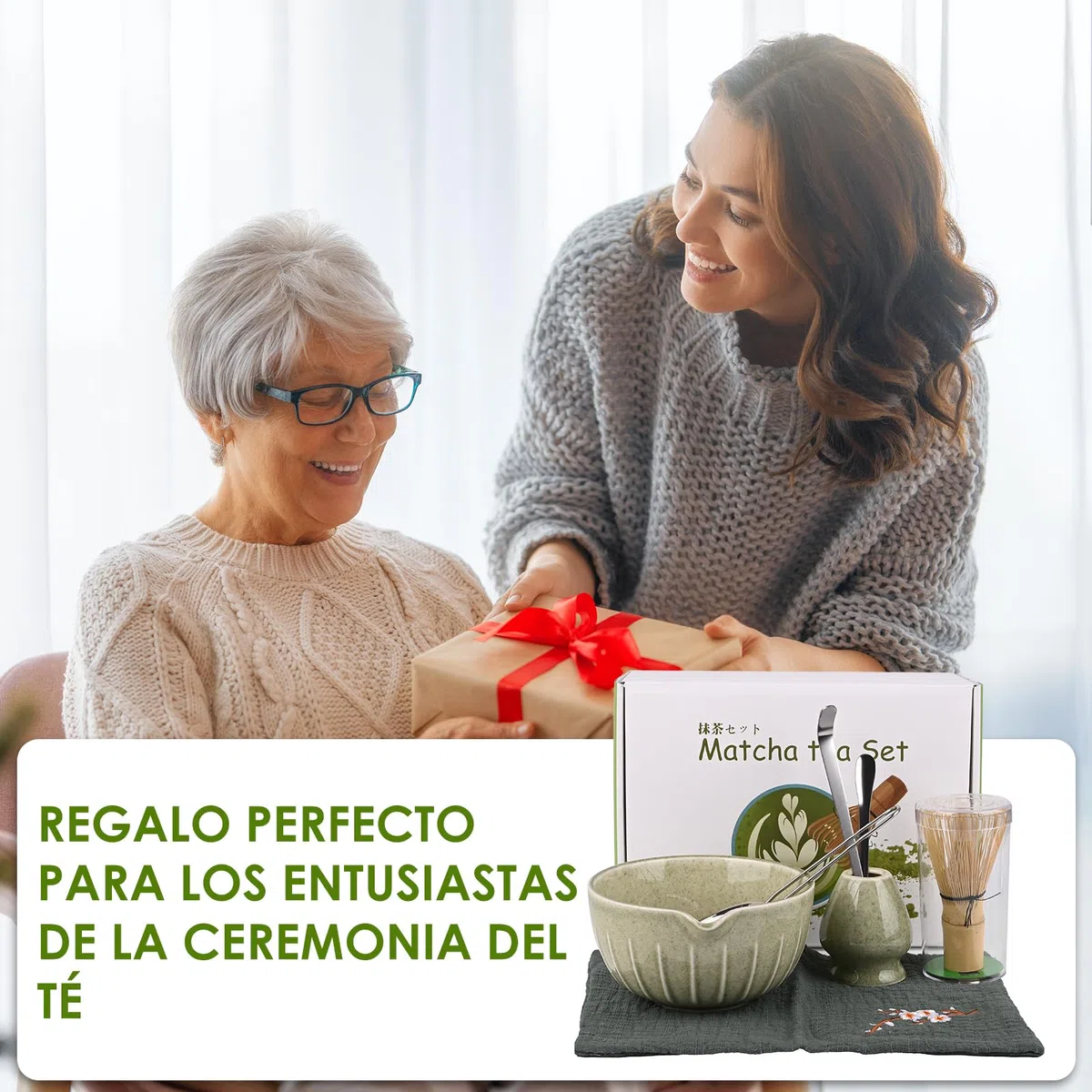 7 Piezas Matcha Kit, Matcha Set con Batidor de Bambú, Cuchara de Filtro, Colador, Cuchara de Matcha Soporte para Licuadora y Alfombrilla de Escritorio, Regalo para Amantes del té, Verde