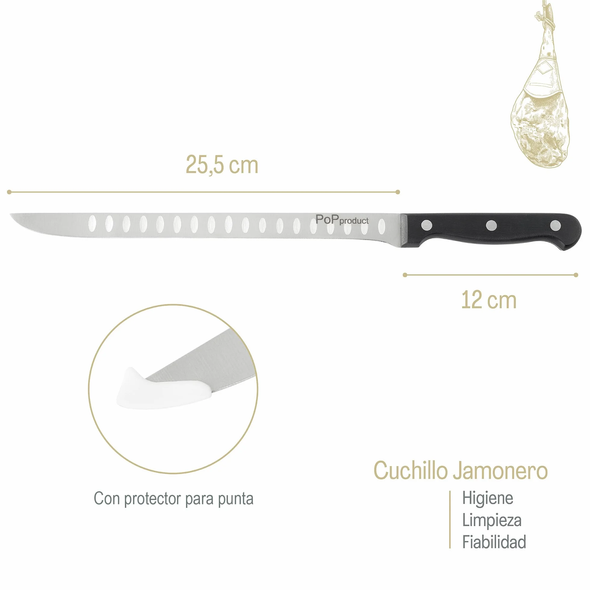 Cuchillo Jamonero Forja de Acero Alemán, alveolado en las dos caras. Hoja de 255 mm de acero inoxidable. Mango ergonómico de Polioximetileno-POM de 120 mm.