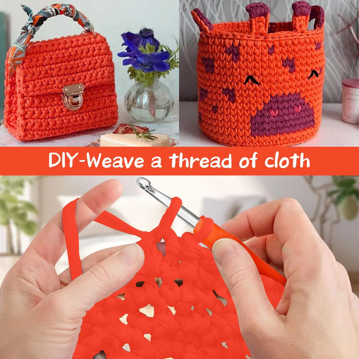 Trapillo para Crochet, 400g/120m Hilo para Tejer a Crochet, Trapillo para Tejer Bolsos, Para Bricolaje y Punto, Bolsos, Manualidades, Decoración del Hogar, Bolsos de Mano (Naranja Rojo)