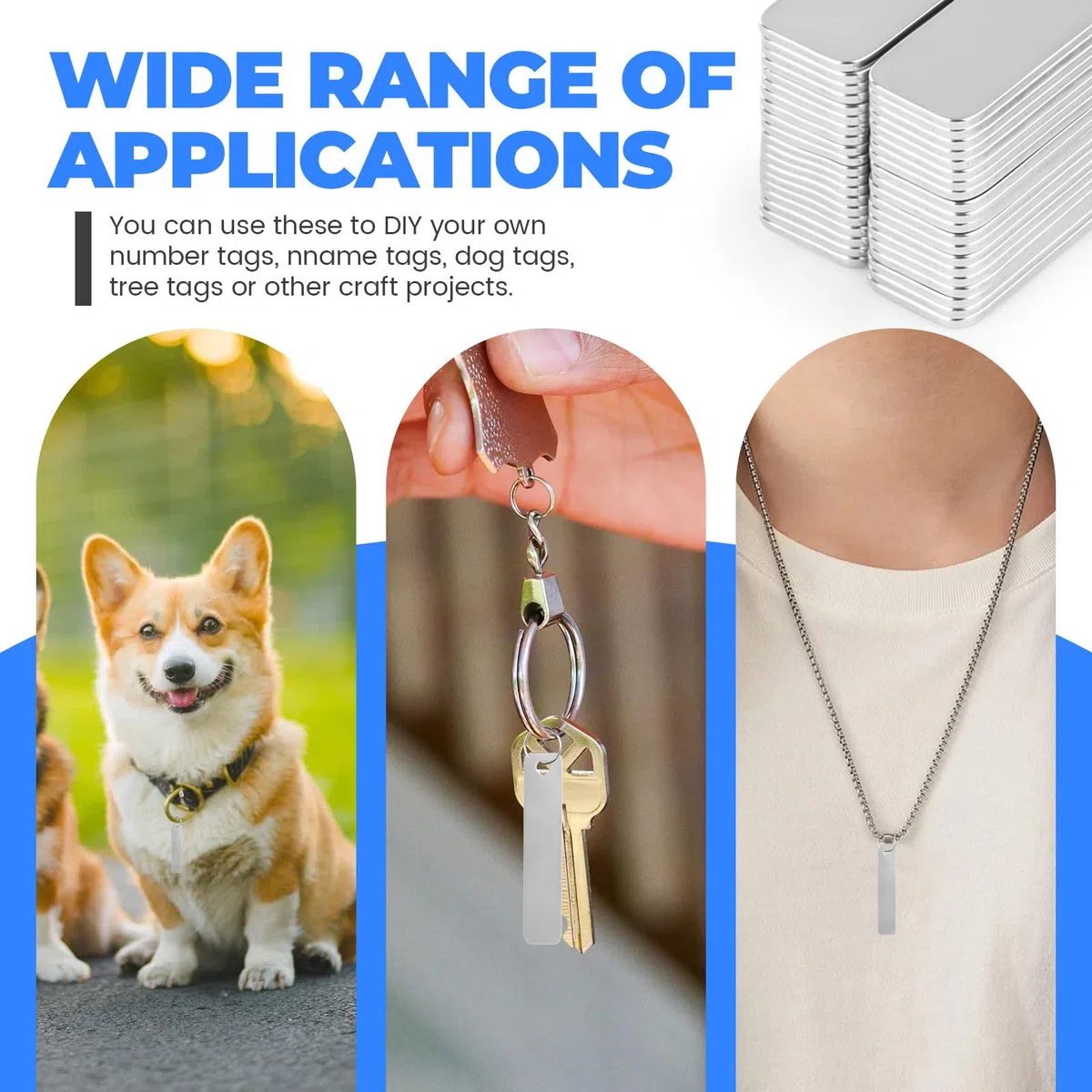 Paquete de 40 piezas en blanco de estampado de metal con llavero, grabado rectangular de acero inoxidable para etiquetas de perro, etiquetas de plantas y llaveros