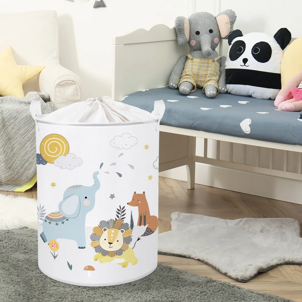 Clastyle 45L Cesta Ropa Sucia Animales Dibujos Elefante Zorro León Nubes Cestos Almacenaje Juguetes Blanco Plegable Redonda para Habitación Infantil, 36x45 cm