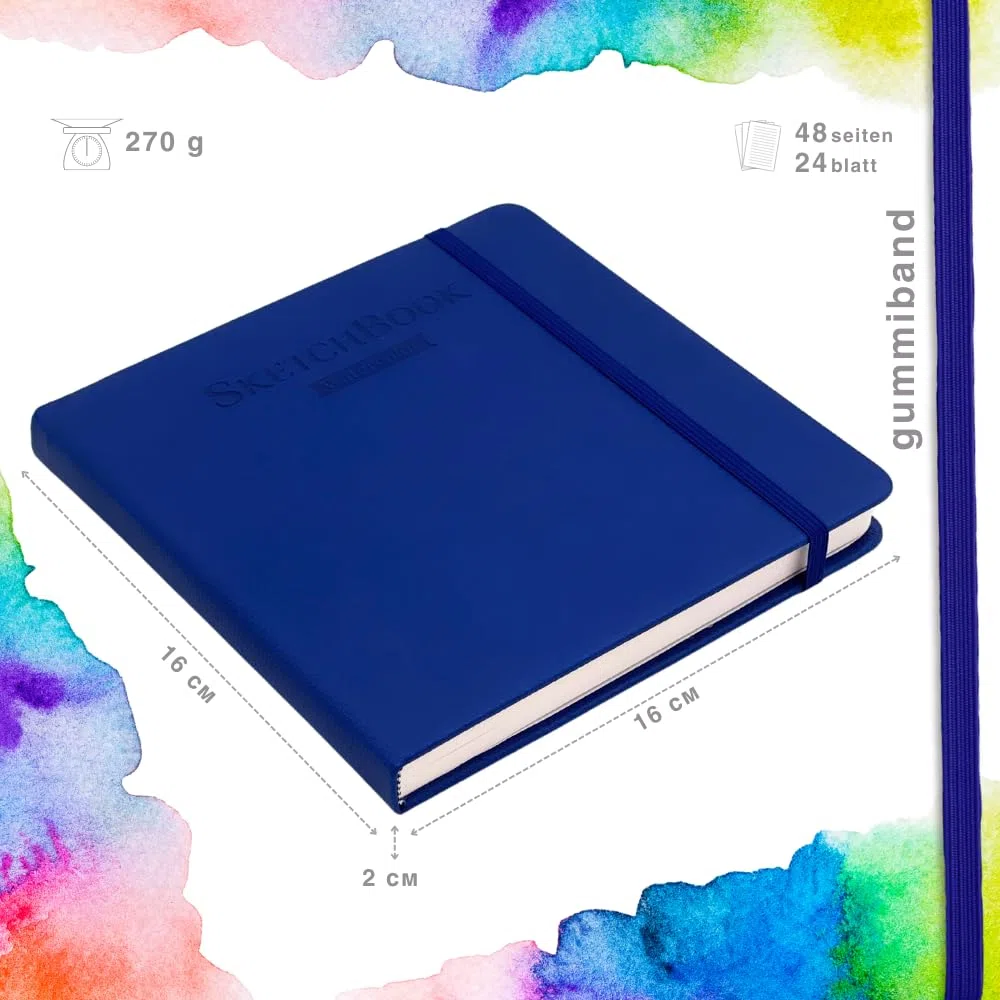 Mypaperworld Cuaderno de dibujo cuadrado de acuarela, 300 g/m², 100% algodón, 16 x 16 cm, sin ácidos, 24 hojas, 48 páginas, prensado en frío, azul oscuro