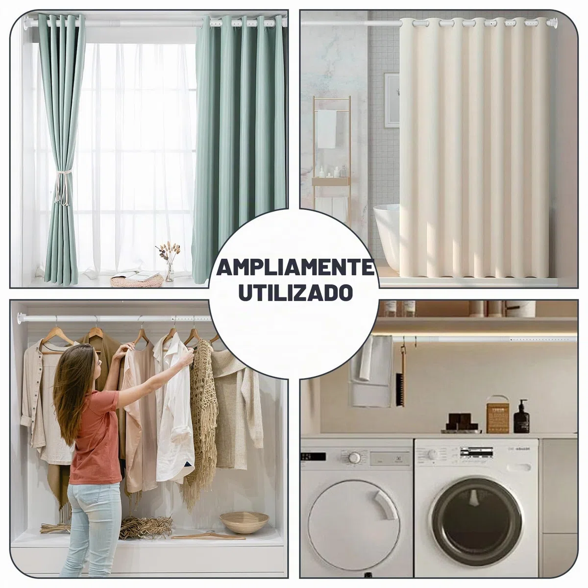 Armario, barra de ropa extraíble de 40-212 cm, barra de armario blanca con 2 unidades de base en U para armarios, lavaderos y autocaravanas