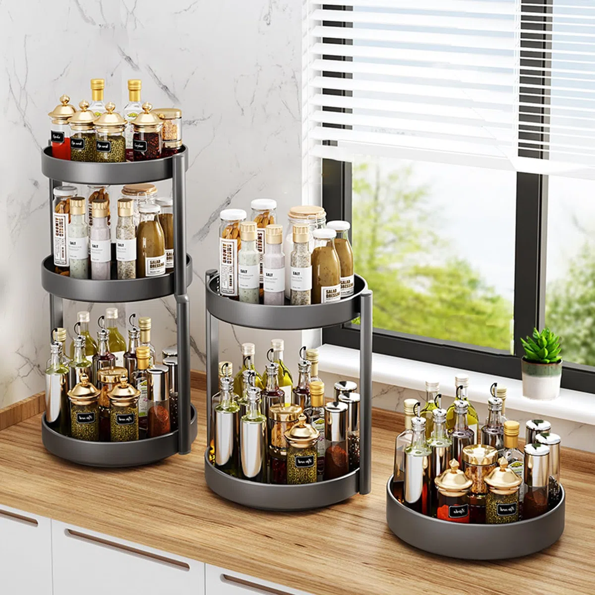 Especiero Giratorio Organizador Especias Cocina Metal Bandeja Giratoria 2 Niveles Lazy Susan Plato para Armario Organizador de Maquillaje (Negro, 2Tiers)