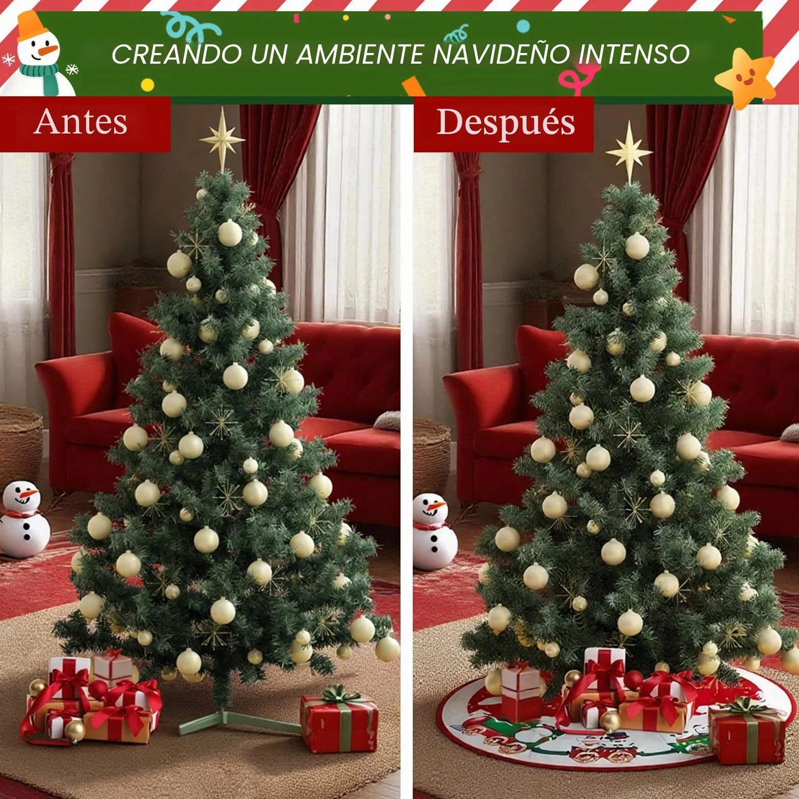 Falda de Árbol de Navidad, Alfombra de Árbol de Navidad, con Motivos de Muñecos de Nieve, Copos de Nieve y Trenes, para la Decoración Navideña del Hogar, Rojo