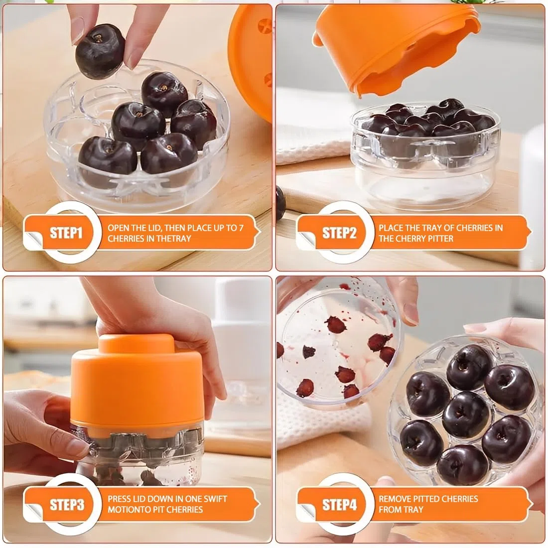 GXGM Deshuesado de Cerezas, Quita Huesos de Cerezas, Fácil Apretar Eliminación Con 7 Deshuesadores Rápida Piedras Frutas Herramienta Core Semillas para Hacer Pastel Cereza (Onaranja)