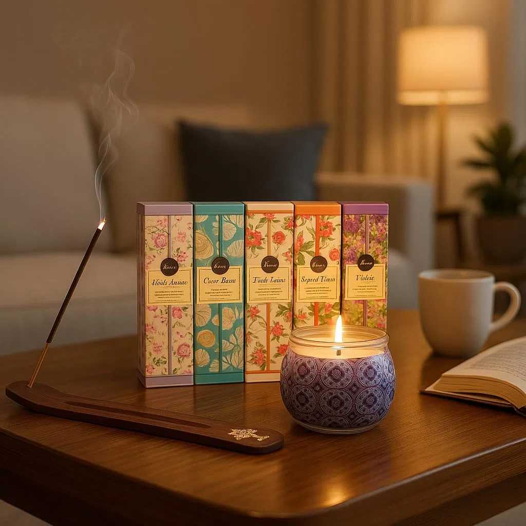 Set de Incienso Natural 100 Varillas (5 Aromas Diferentes) + Vela perfumada + Quemador de Incienso de Madera – Kit Regalo aromaterapia Fabricado en India para meditación y relajación en casa