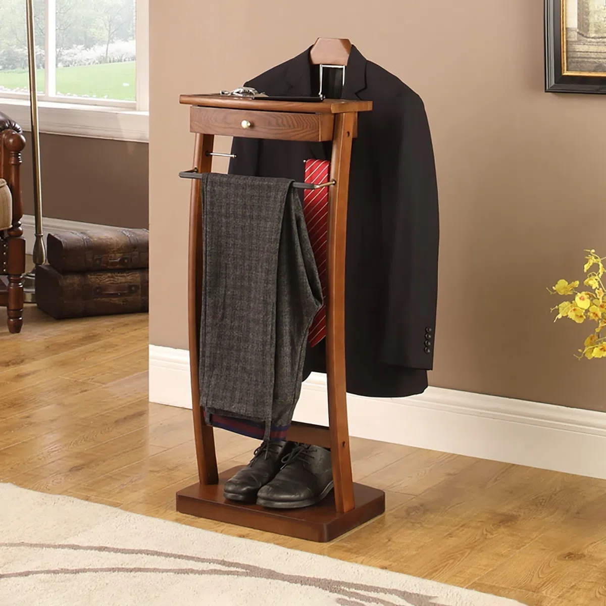 RajoNN Perchero de pie, Perchero con estantes y cajones, Perchero de pie, Alto x Ancho x Profundidad: 112 x 44,4 x 30 cm, con Barra para Pantalones, Bandeja para Colgar Chaquetas, Organizador