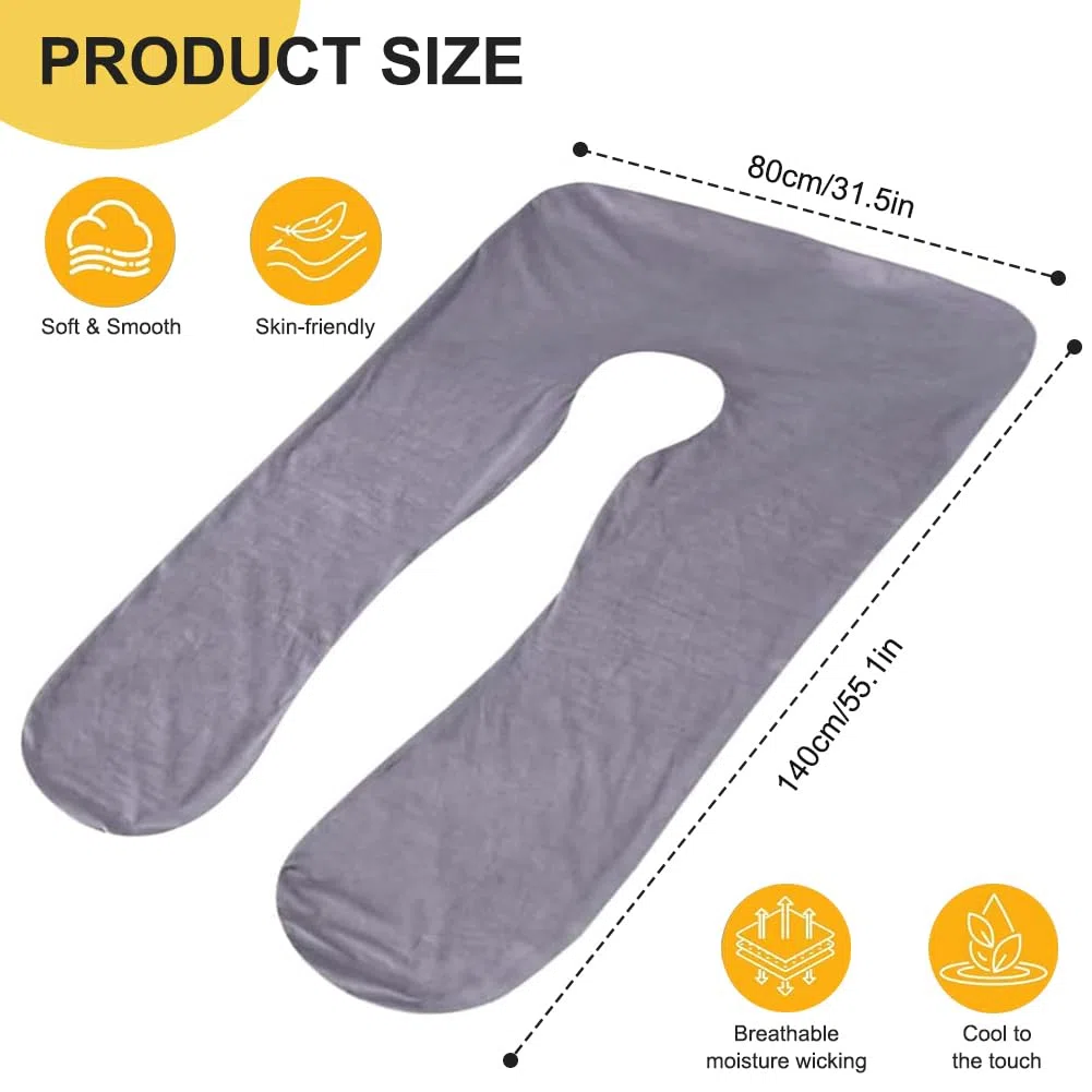 FARYODI Almohada de repuesto en forma de U, 140 x 80 cm, funda de almohada para embarazadas y lactancia, 100 % algodón, extraíble y lavable a máquina, respetuosa con la piel, transpirable (gris)