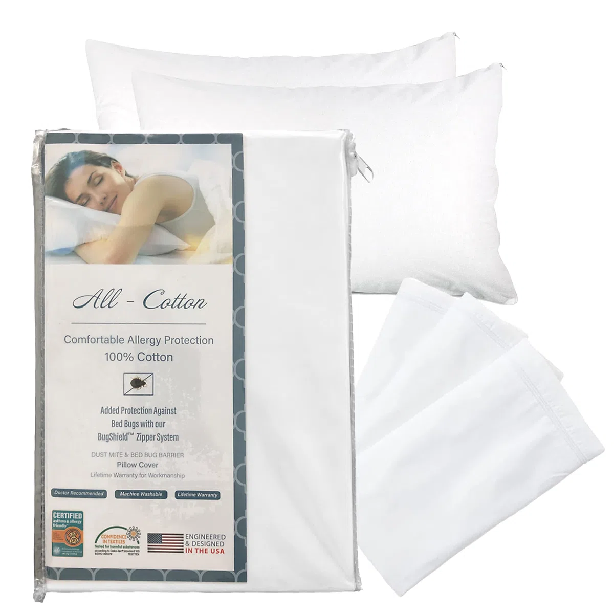 National Allergy Protector de Almohada 100% algodón con Cremallera, tamaño estándar, Color Blanco, Paquete de 2, 300 Hilos, Funda de Almohada hipoalergénica con Cremallera, Funda Transpirable