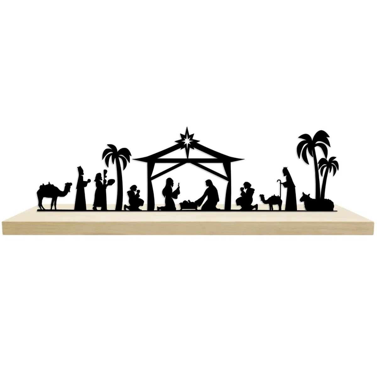 HINGTAI Juego de belén navideño de Metal Negro con Base de Madera, decoración de belén de Invierno, Juego de belén navideño para Interiores, decoración de Mesa y estantes para el hogar Durante