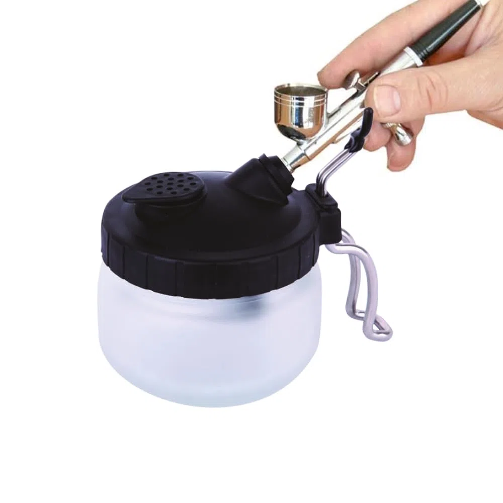 Vallejo Hobby Tools Estación de Limpieza para Aerógrafo. Kit de Limpieza con Soporte y Bote de Cristal con Tapa para el Cuidado y Mantenimiento del Aerógrafo