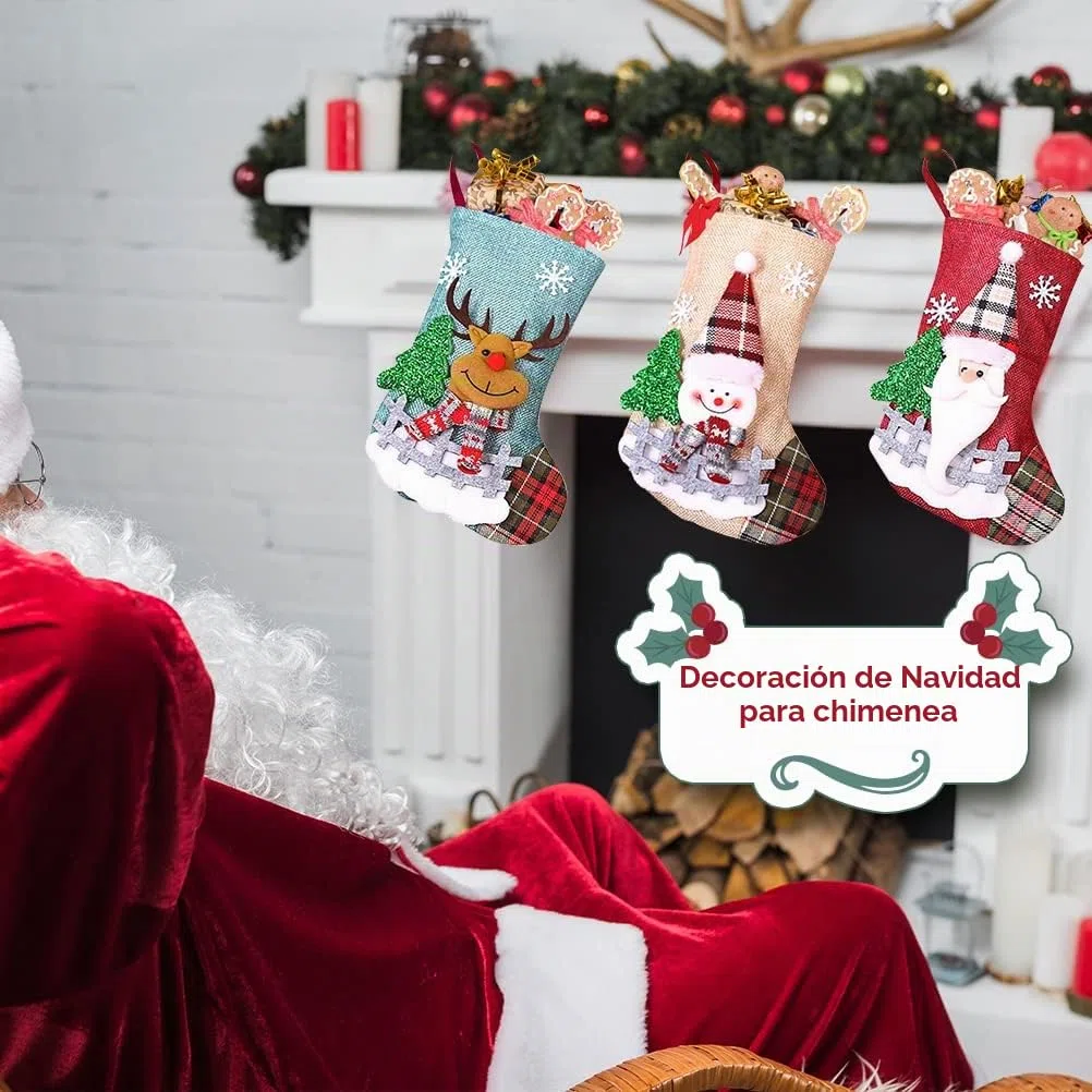 Calcetines de Navidad Chimenea, Calcetines Navidad para Colgar de Yute Personalizados Calcetines de Papá Noel Medias de Navidad, Bolsas de Regalo Calcetin Navideño para Decoracion Árbol de Navidad