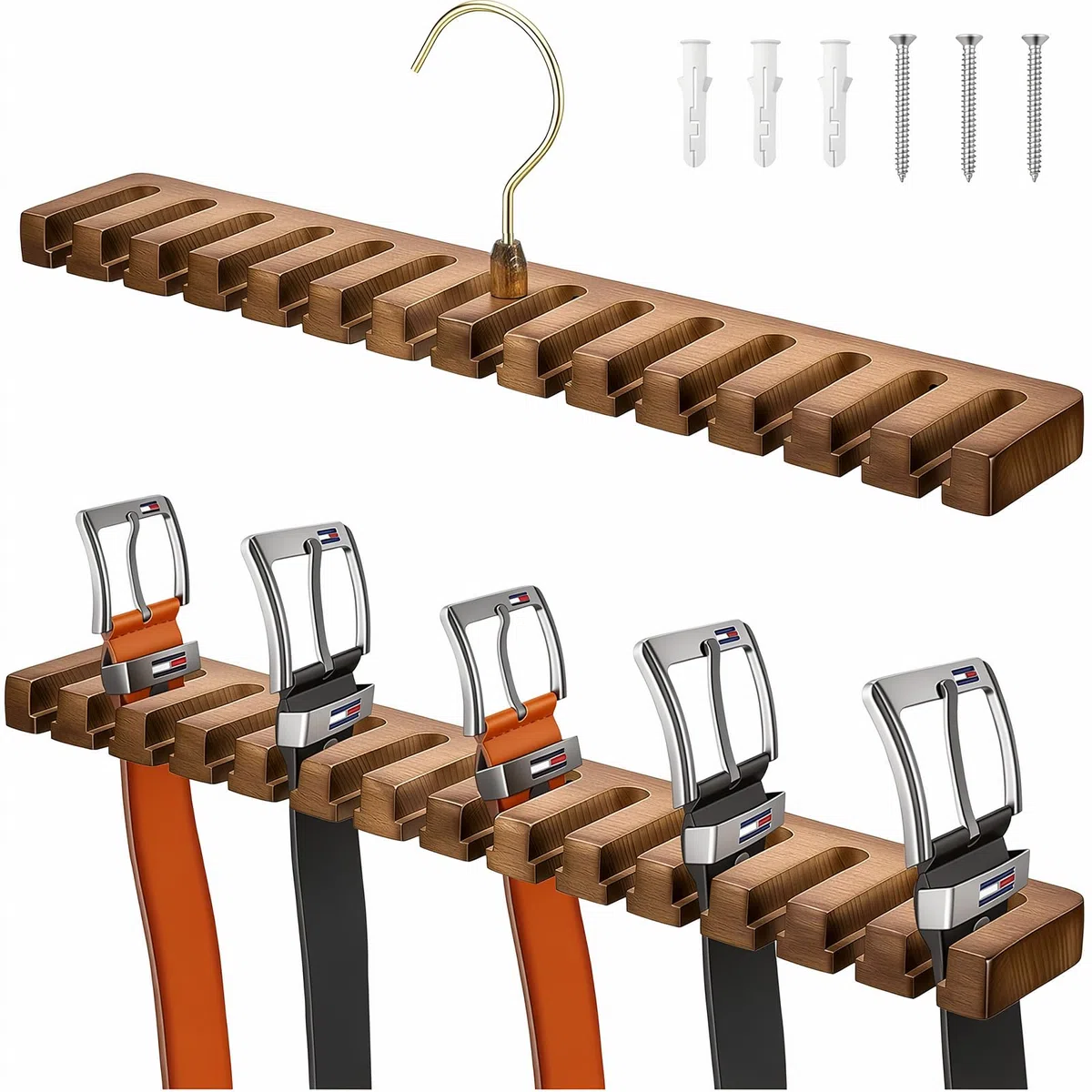 Organizador de Cinturones, Portalinturones de Madera, Almacenamiento para Cinturones, Giratorio 360° con 14 Ranuras para Cinturones y Corbatas, Ahorra Espacio en El Armario
