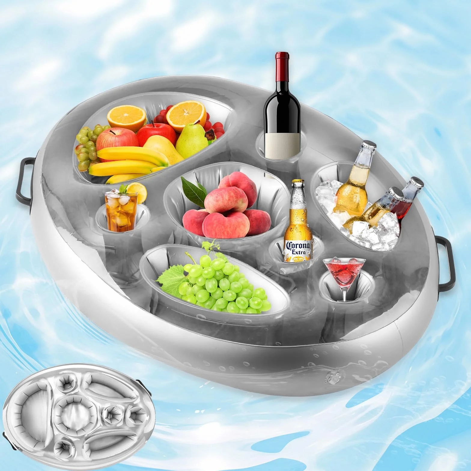 Posavasos Flotante Bebidas Bocadillos Piscina 2 en 1,Portavasos Servidor Buffet Inflable 8 Agujeros,Soporte Bandeja Hinchable Gran Capacidad,Titular SPA Piscinapara Verano,Mesa Fiesta Frutas Bar Playa