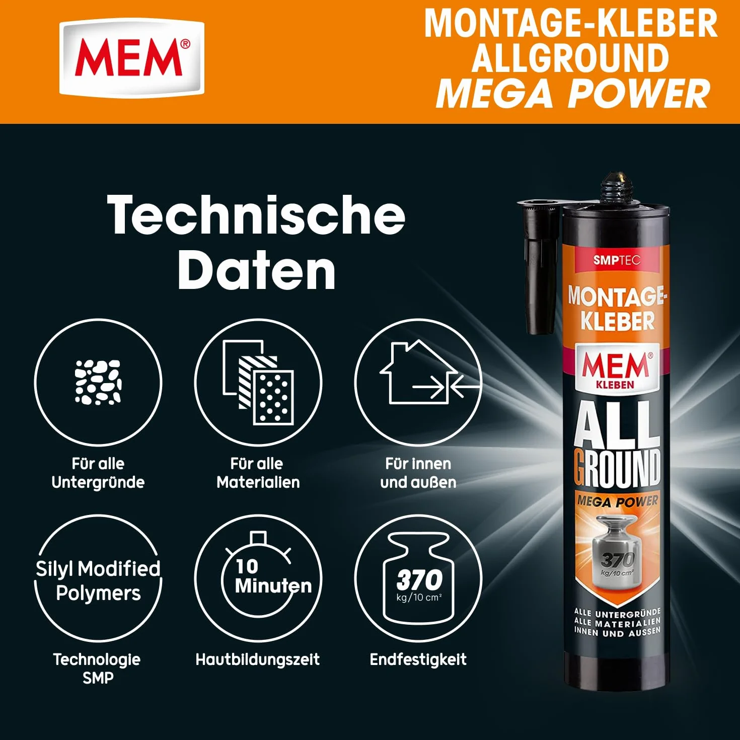 MEM Pegamento de montaje Allground Mega Power, resistente al agua y a los rayos UV, alta adherencia inicial y gran resistencia final, para casi todas las superficies, sin disolventes, cartucho de 450