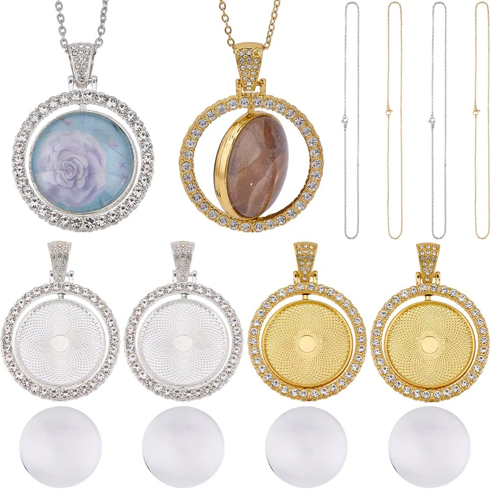 1 caja de 24 bandejas de Diamantes de Imitación para Colgantes, Bandejas de Bisel de 25mm con Cabujones de Vidrio, Cadenas de Acero Inoxidable, Bandeja Giratoria En Blanco de Doble Cara para
