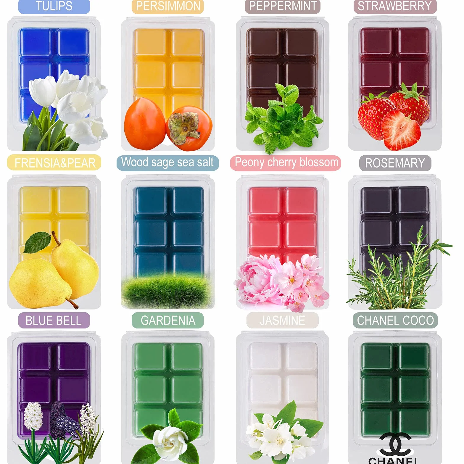 Amzeeniu Cubos de Cera 12 Paquetes Cera Perfumadas de Soya Derretida de Fragancia Cera se Derrite Velas para Fragancias de la Habitación Aromaterapia Quemador de Incienso Bloque de ​Cera Set de Regalo