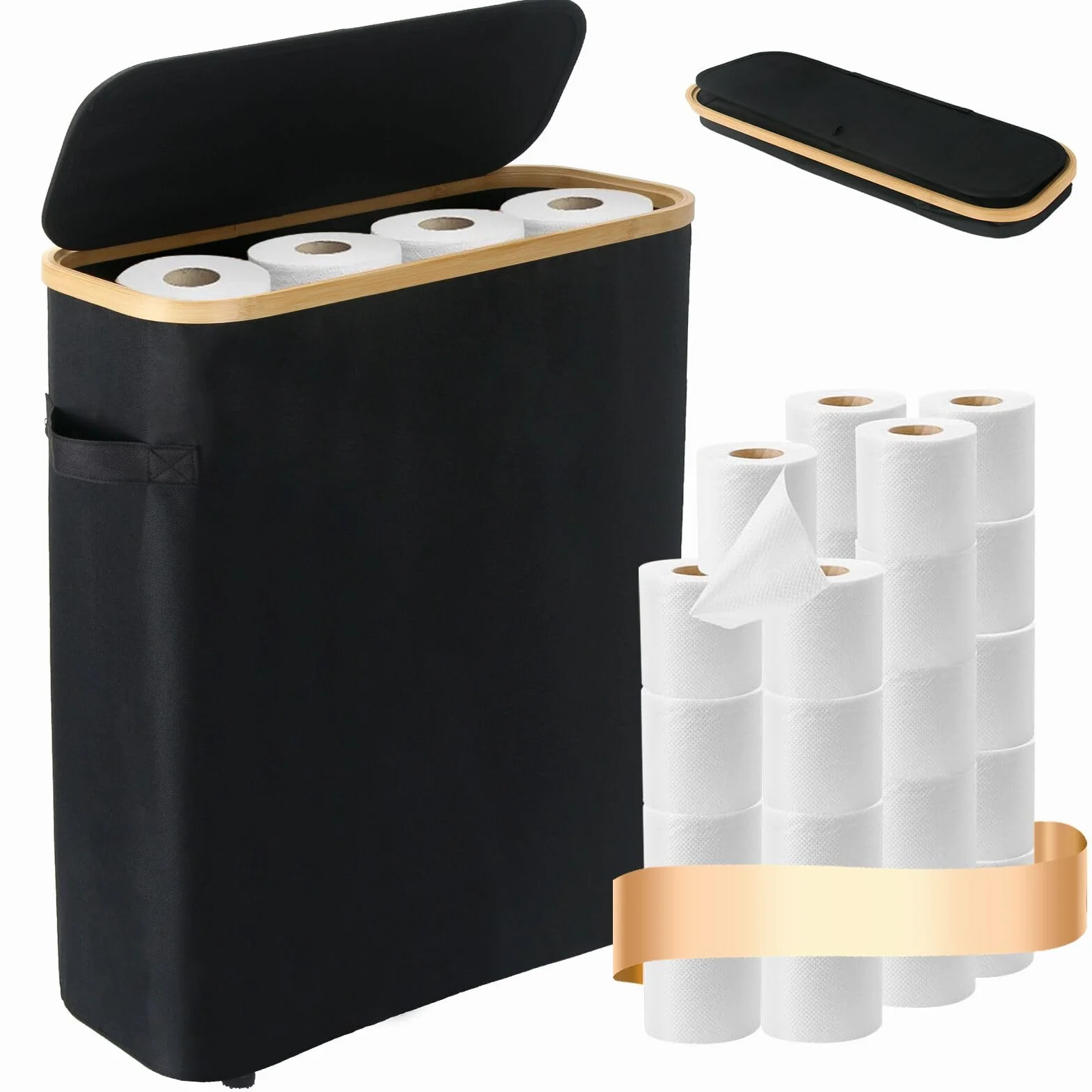 45L - Cesta de almacenamiento de papel higiénico con tapa, grande, color negro, resistente al agua, para 18 a 24 rollos, organizador de papel higiénico de bambú