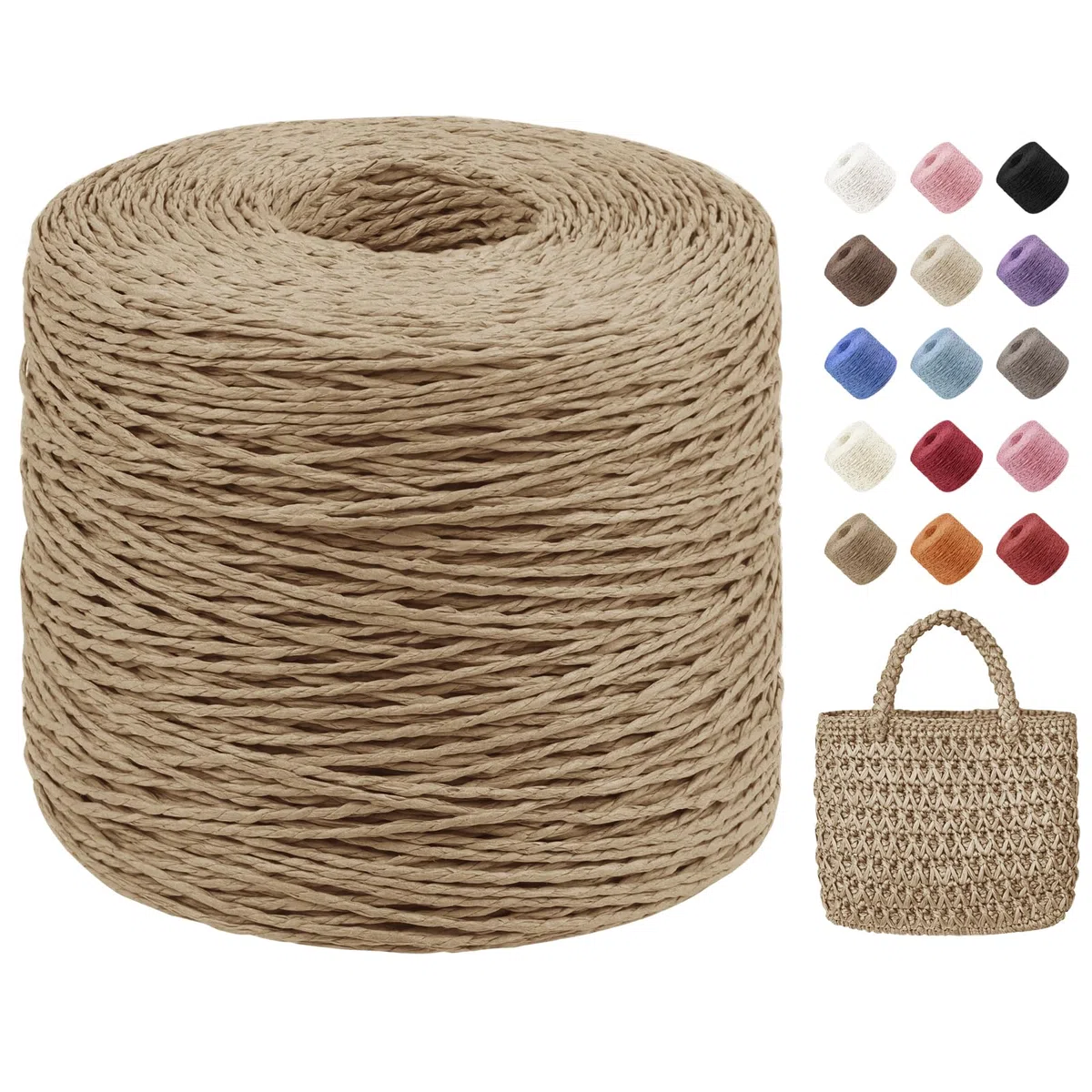 Uiopa Rafia para Tejer Crochet, 250g/380m Hilo de Rafia Natural, Hilo Crochet de Papel para Bolsos, Sombreros, Cestas, Decoración, Manualidades
