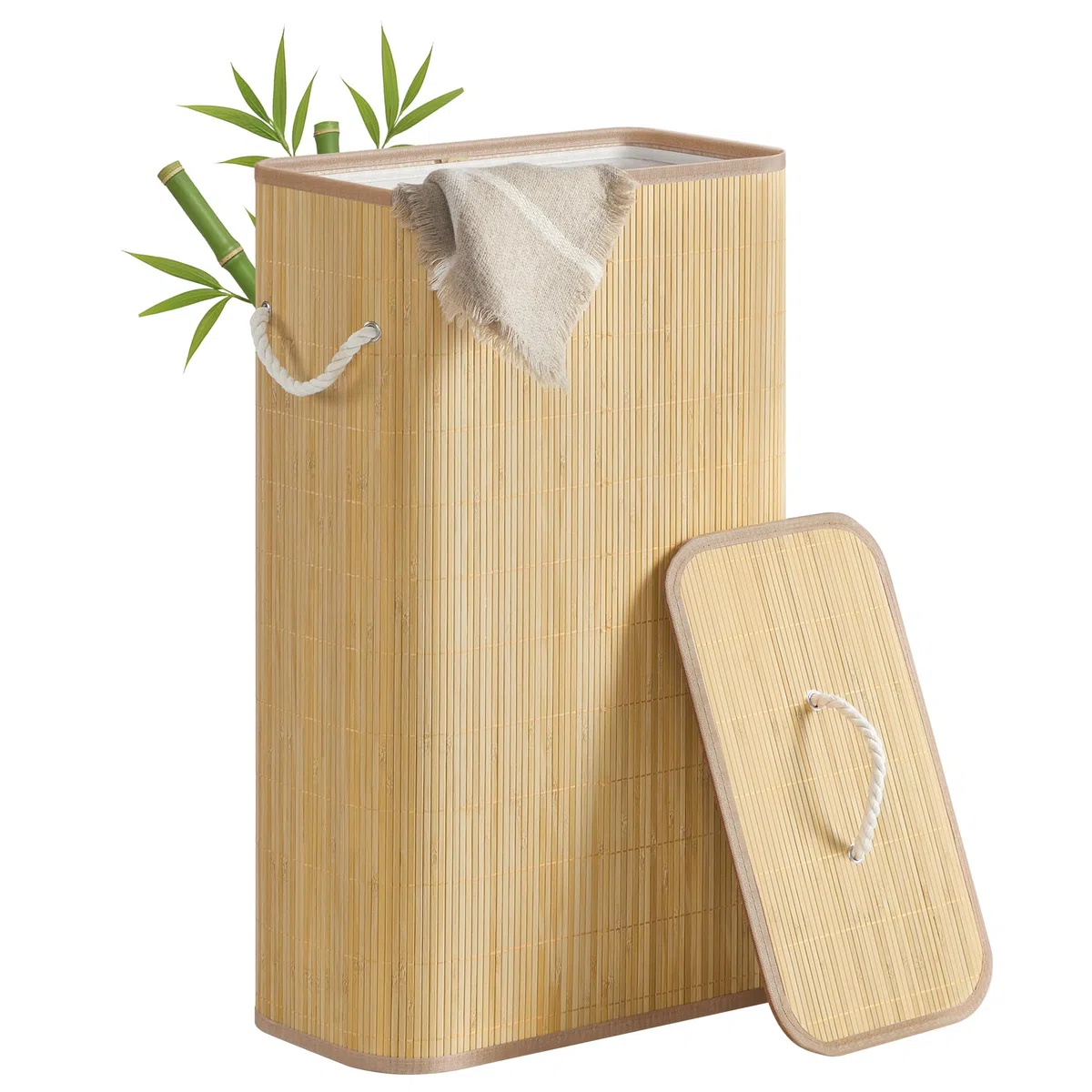 SONGMICS Cesto para la Ropa Sucia con Tapa, 60 L, Bambú, Rectangular, con Asas, Plegable, Forro Extraíble Lavable a Máquina, Natural LCB076YZ01