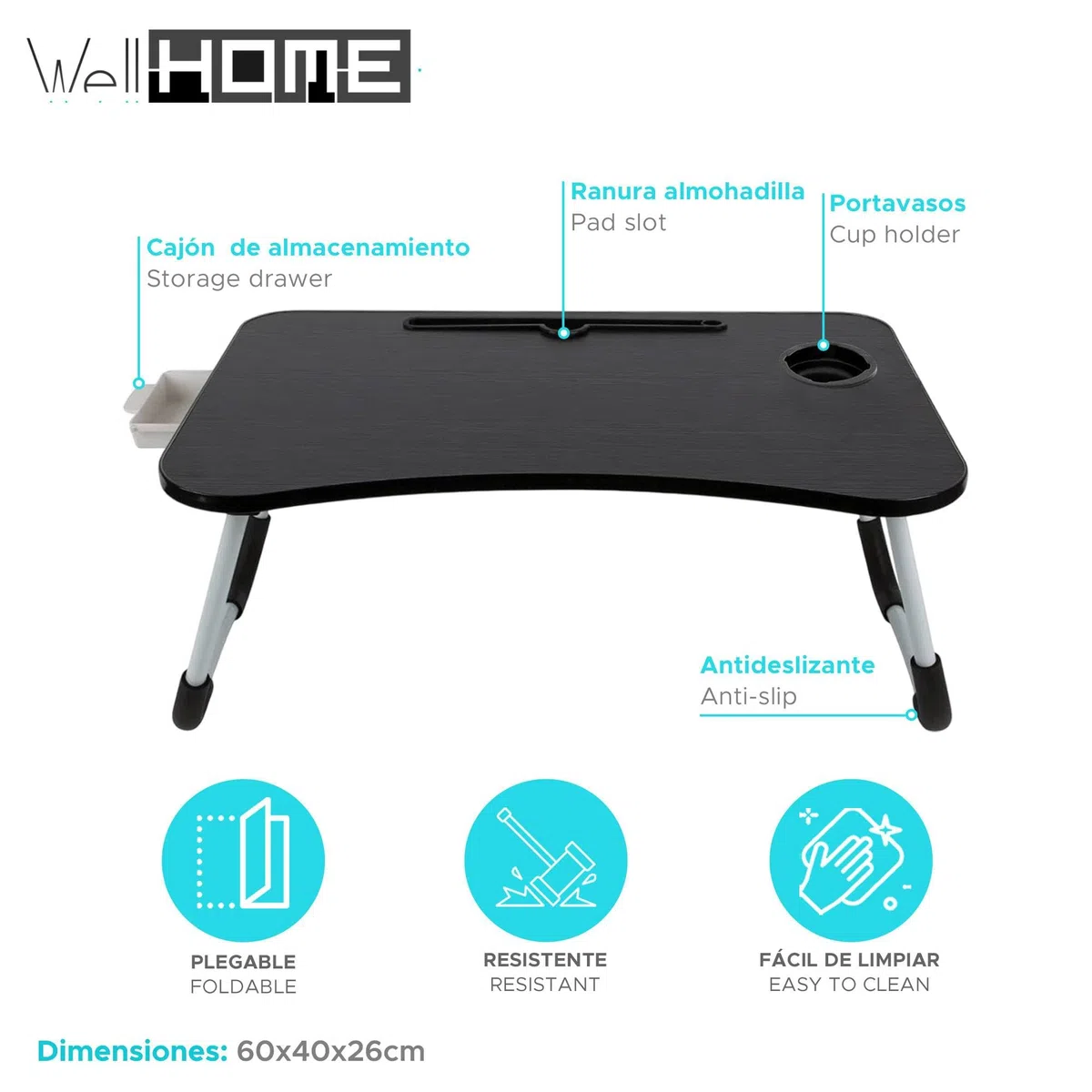 Bandeja de Servir plegable para cama color Negro 60x40x26cm