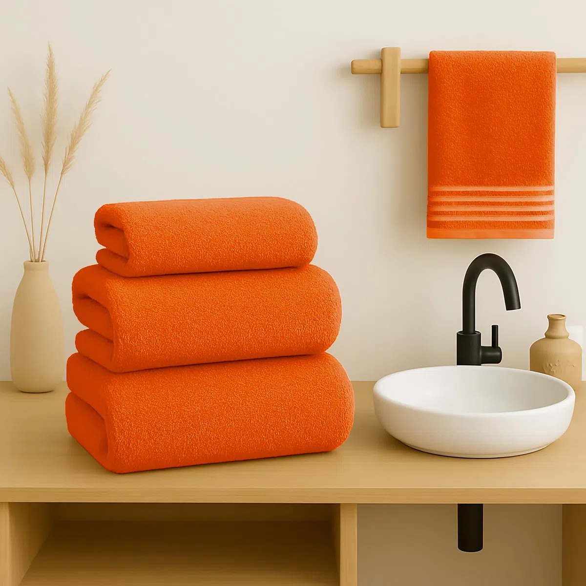 Juego de Toallas de Baño Completo 500 Gr Liso - Toallas Baño Grandes y Pequeñas Rizo 100% Algodón - Pack (1 Tocador + 1 Lavabo+ 1 Sabana) - Alta Absorción - Toalla Algodon - Naranja