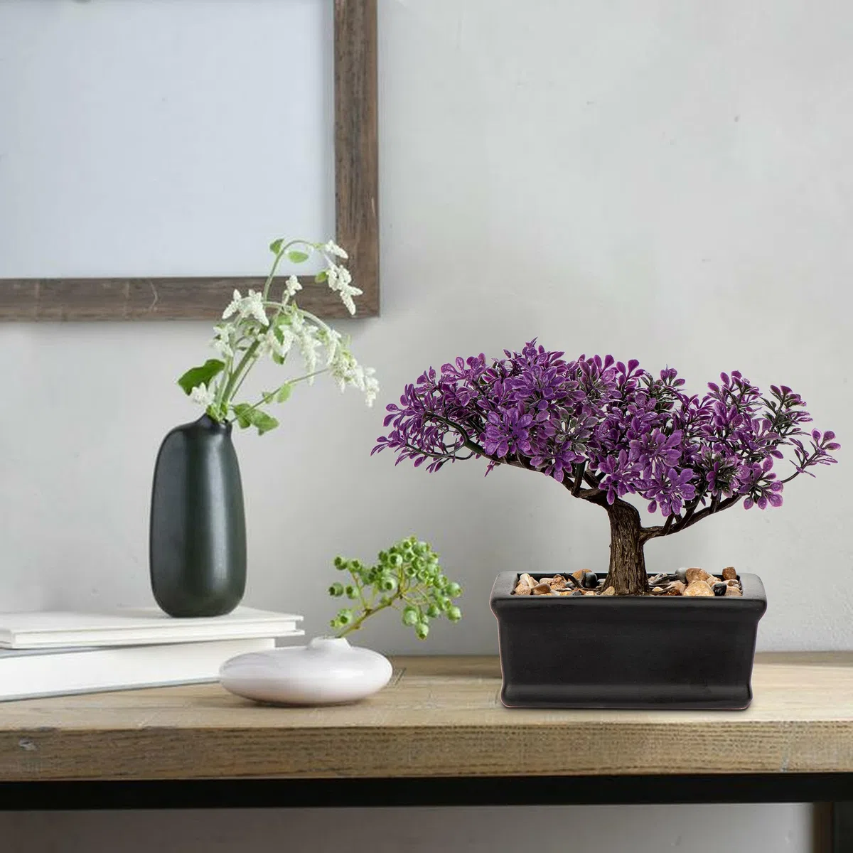 Hollyone Árbol Bonsái Artificial Morado de 6.5 Pulgadas, Planta de Interior Japonesa, Decoración Sintética para Hogar, Escritorio