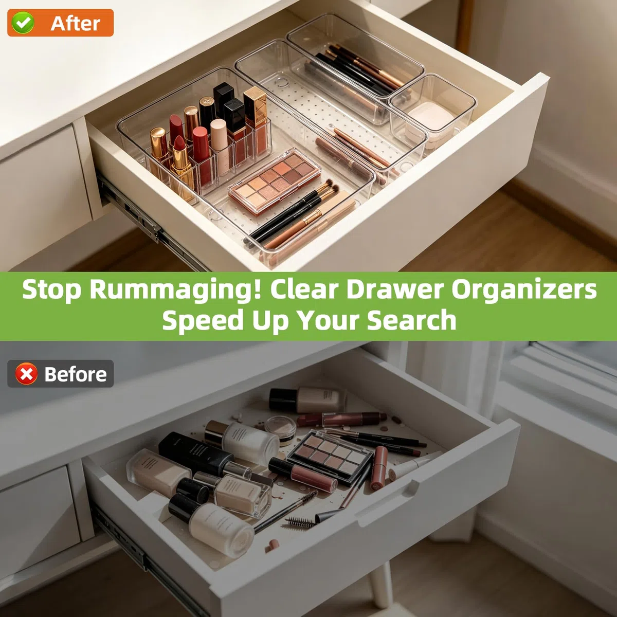 28 Piezas Organizadores de Cajones, Organizador de Maquillaje de Plástico Transparente con 4 tamaños, Bandejas de Almacenaje para Maquillaje, Cocina, Tocador, Oficina