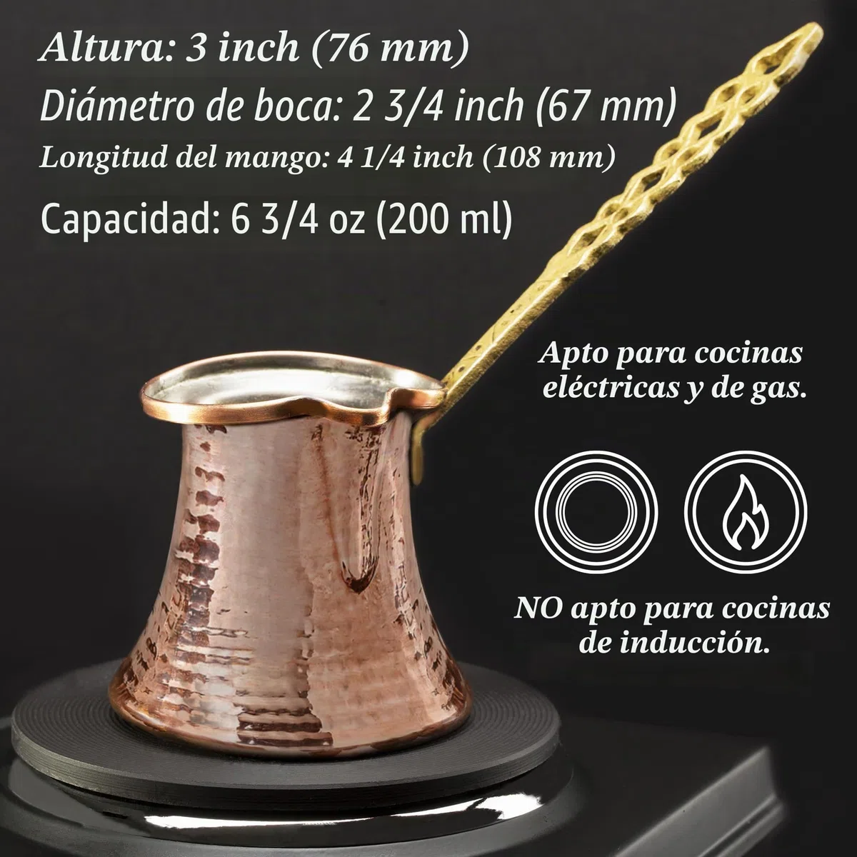 Volarium turca, árabe griega, café de cobre martillado, estufa