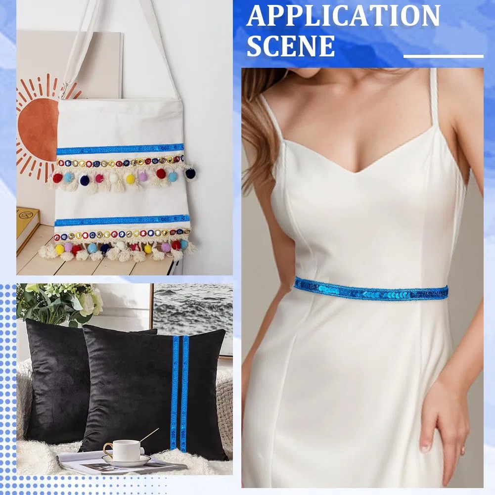 Tira de Lentejuelas Azules de 10 m Y 12mm con Purpurina, Ideal para Tapicería, Costura, Confección de Ropa, Decoración del Hogar Y Manualidades.