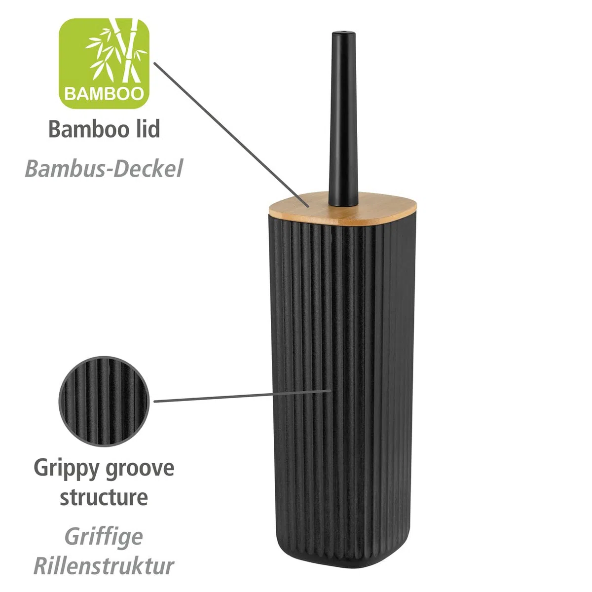 WENKO Set para inodoro Rotello, escobillero cerrado de plástico de calidad óptima con tapa de bambú y estructura acanalada, Ø 10 x 36 cm, incluye escobillero, cabezal reemplazable, negro/natural